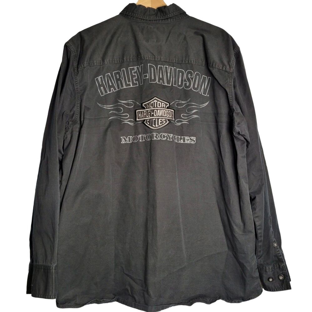 Vtg Harley Davidson Mens Black Long Sleeve Shirt Embroidered XL Moto Flames